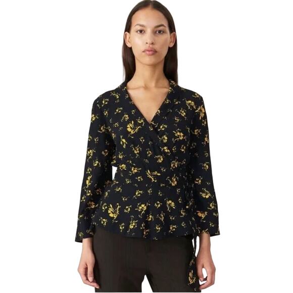 Ganni Black Wrap Top with Yellow Floral Print - Picture 1 of 8